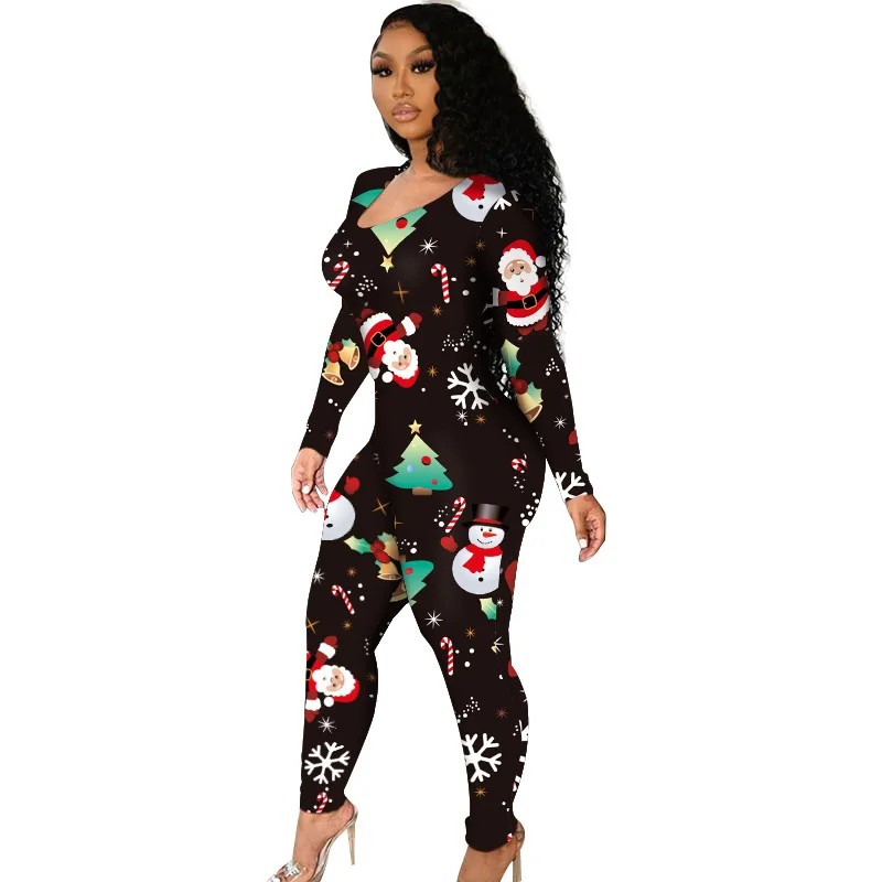 Plus Size Sexy Christmas Print Side Hollow Out Jumpsuit for Women Long Sleeve Bodycon Fashion One Piece Night Party Autumn Wear