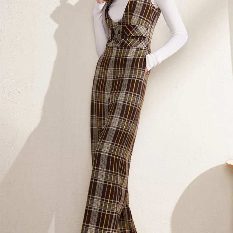 Women Vintage Plaid Jumpsuit High Waist Wide Leg Pants Sleeveless Deep Low Cut Slim Fit Overalls Retro Long Rompers Jumpsuits