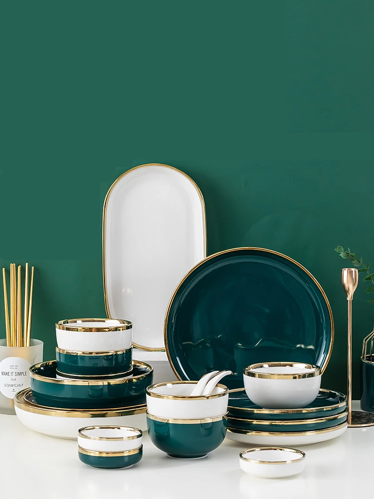 

Luxury green ceramic tableware set gold inlaid porcelain dessert plate steak dessert cake plate salad soup rice bowl wholesale