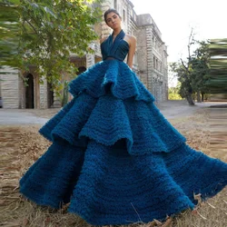 Fashion Halter Sleeveless Prom Dress Sapphire Blue Tiered Pleated Tulle Floor Length Evening Dress Elegant Ruched Party Gowns