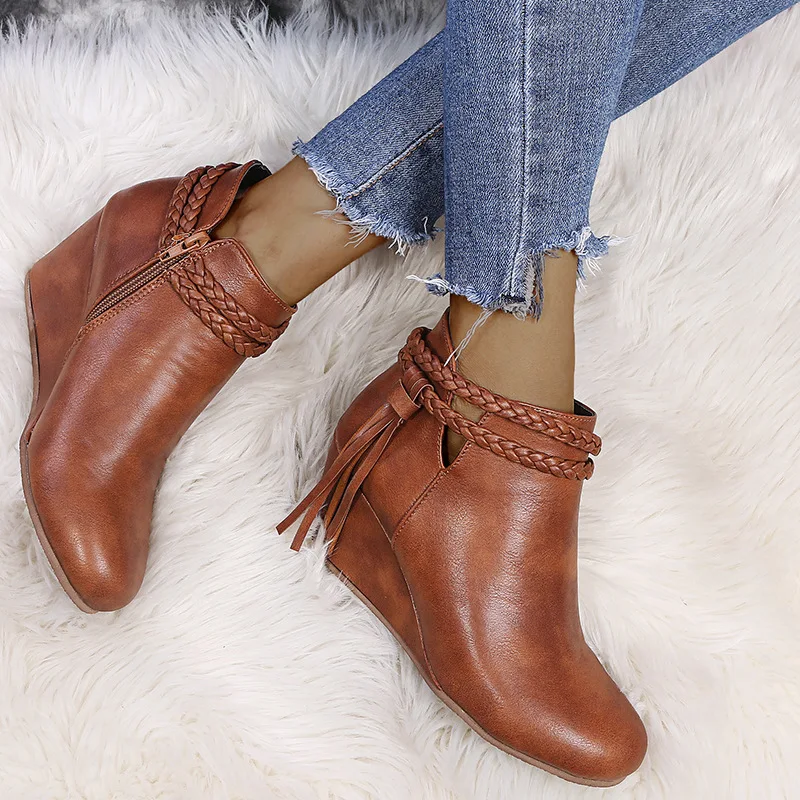 Retro Women Platform Boots Tassel Wedges Boots Women Zipper Solid Color Short Booties Round Toe Shoes for Women Zapatos De Mujer