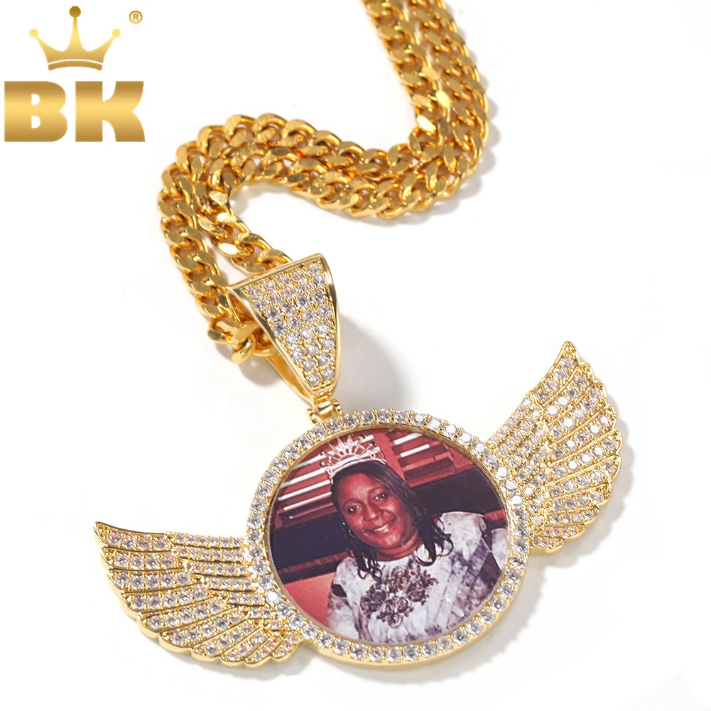 THE BLING KING Cubic Zirconia Made Photo Pendant Necklace Soild Back Full Iced Out  Wing Round Tag Hiphop Jewelry Gifts