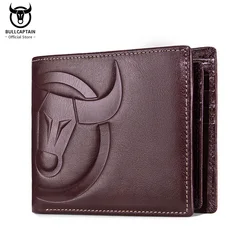 BULLCAPTAIN-cartera de piel auténtica con Logo grande para hombre, monedero compacto con RFID de alta calidad, Mini tarjetero