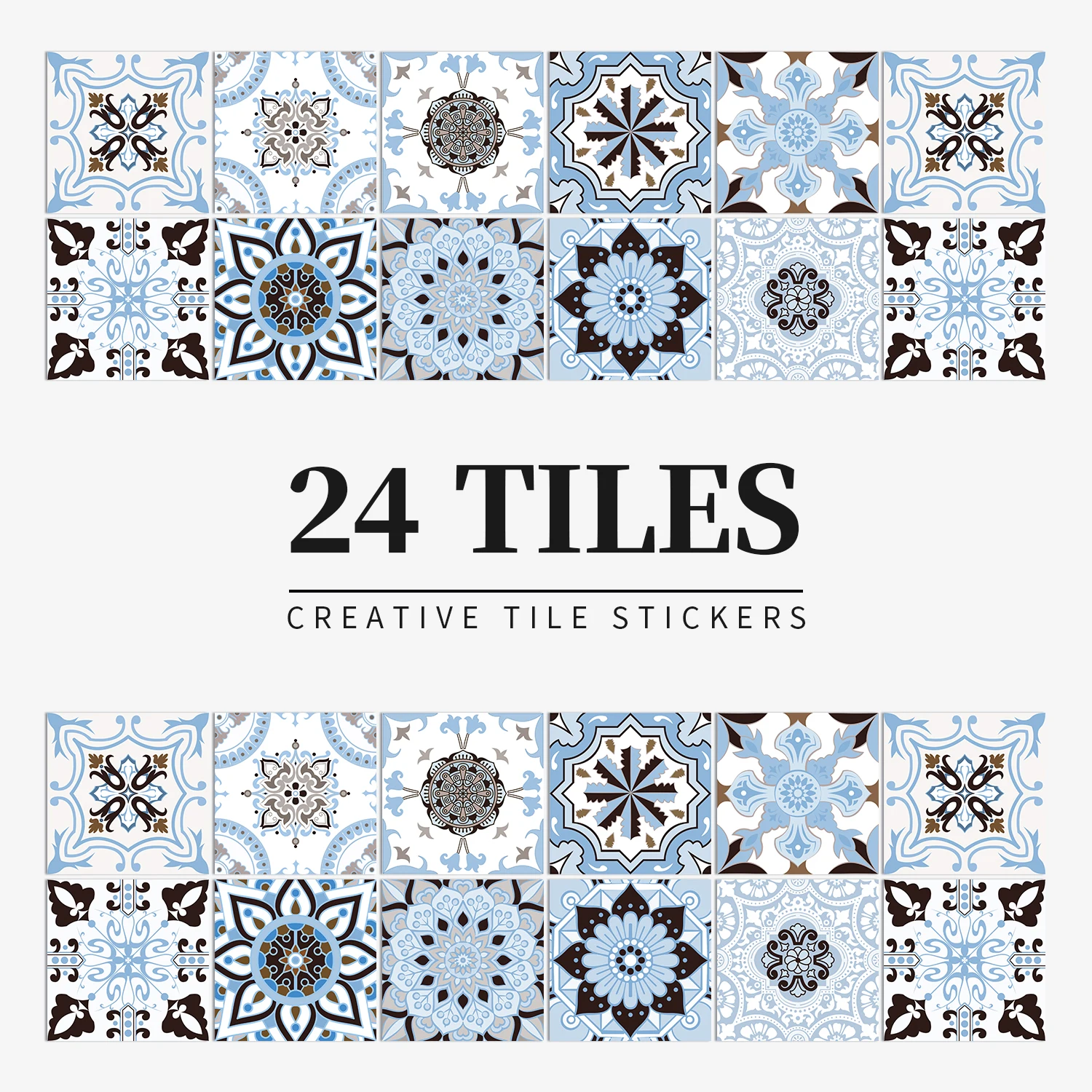 

24PCS Blue and White Tiles Wall Stickers PVC Self Adhesive Waterproof Kitchen Bathroom Decal Furniture Decor Wallpaper Art Mural