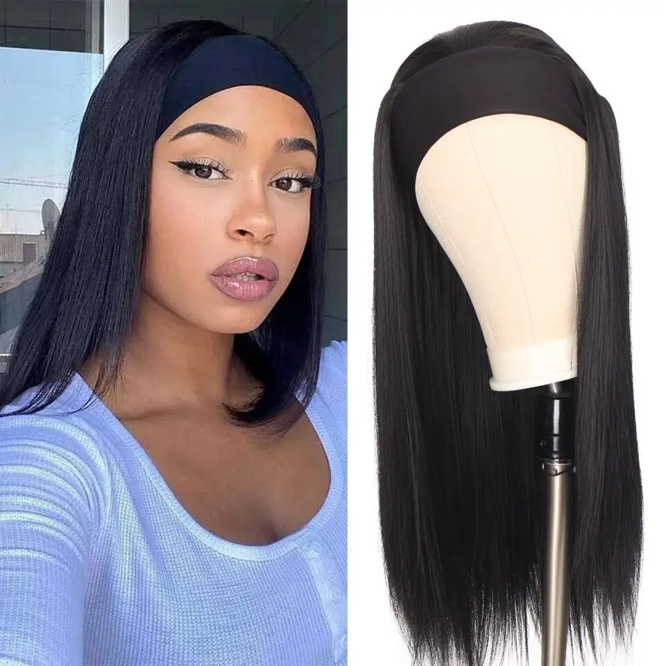 AILIADE Headband Wig Synthetic Hair Long Straight Ombre Color Wig For African American Women Heat Resistant Wig 28Inch