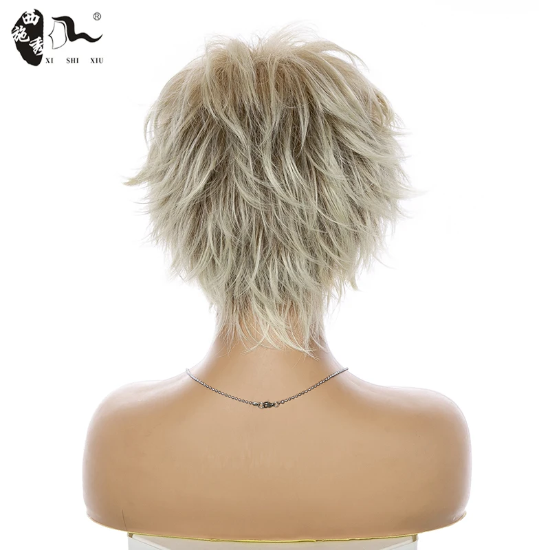 Short Pixie Cut Synthetic Wig With Bangs For Women Mixed Blonde Brown Natural Wave Hair High Temperature Mommy Daily Wear Wigs