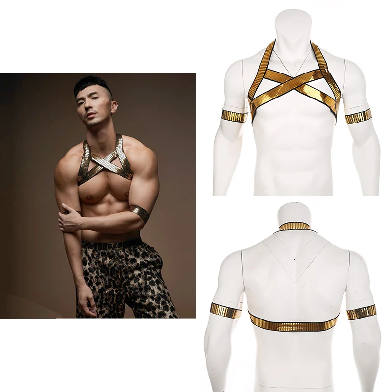 CLEVER-MENMODE Golden Harness Men Body Chest Strap Sexy Bondage Fetish Lingerie High Elastic Clubwear hombre Costume Arm Band