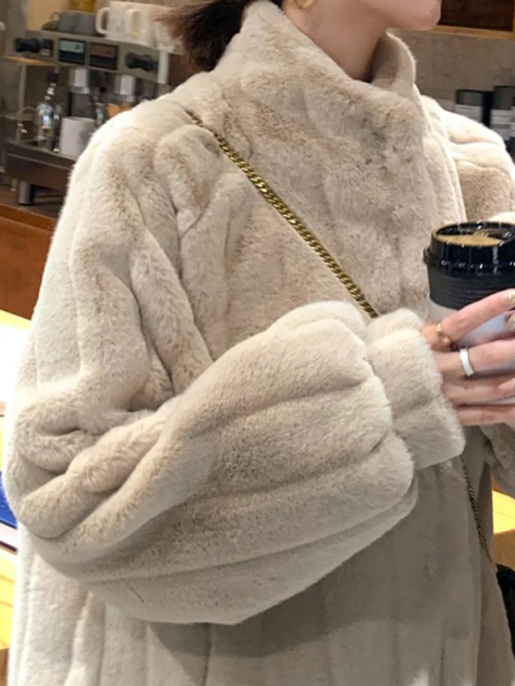 Lautaro Winter Warm Soft Thick Faux Fur Coat Women with Vertical Stripes Raglan Long Sleeve Casual Stylish Fluffy Jacket 2022