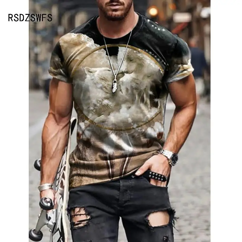 Summer Men\'s T-shirt Street Fashion Animal wolf head print 3D T-Shirt Men\'s Large Size Casual Short Loose Pullover T-Shirt