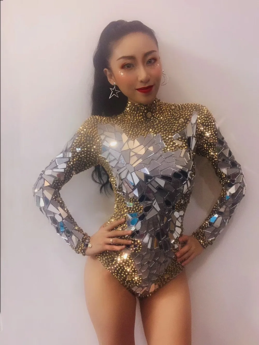 Women girl Sexy mirror bodysuit stage dance costume silver gold Leotard Club bar Performance clothing