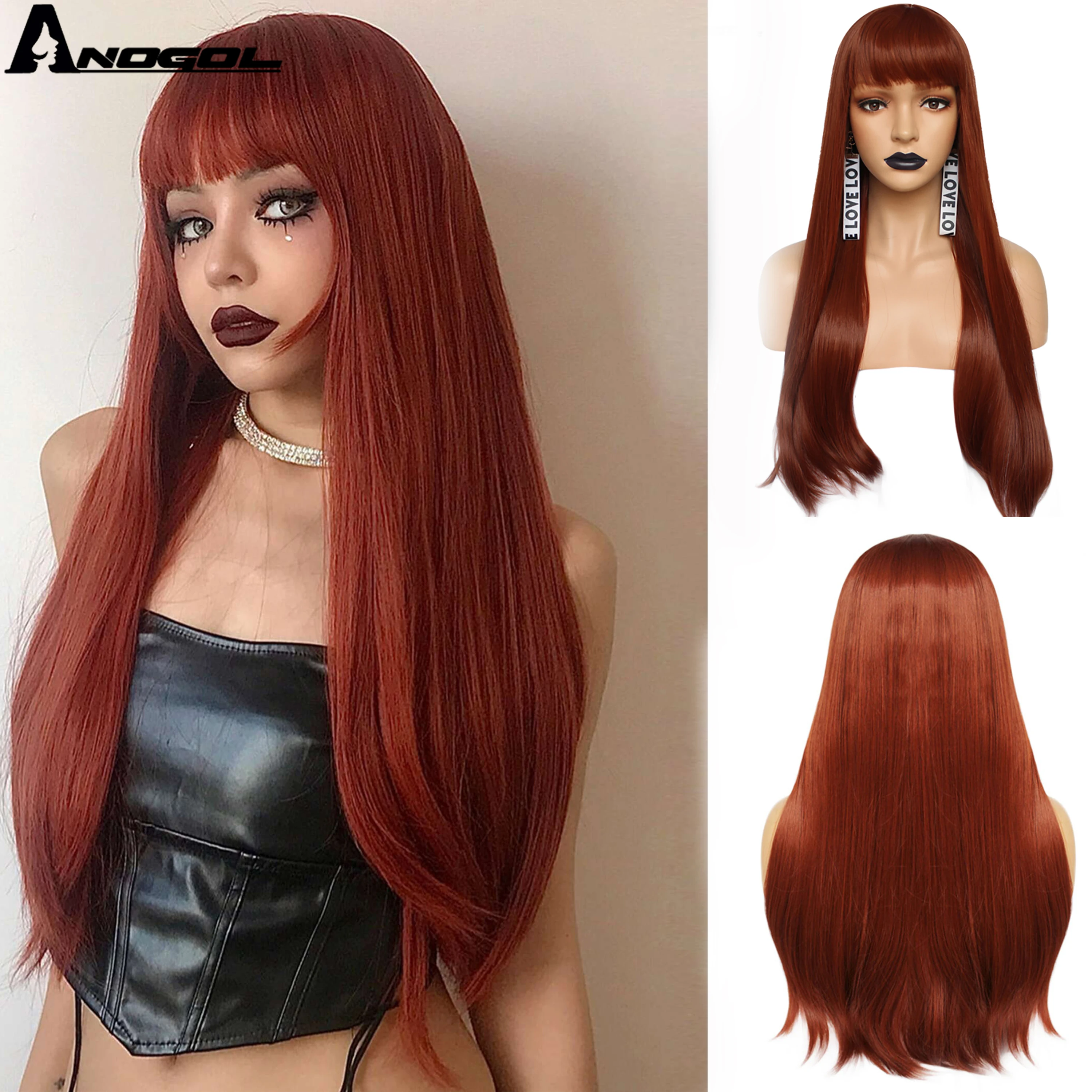 

Anogol Heat Resistant Synthetic Burgundy Black Blonde Wigs Long Straight Synthetic Wig With Bangs for Women