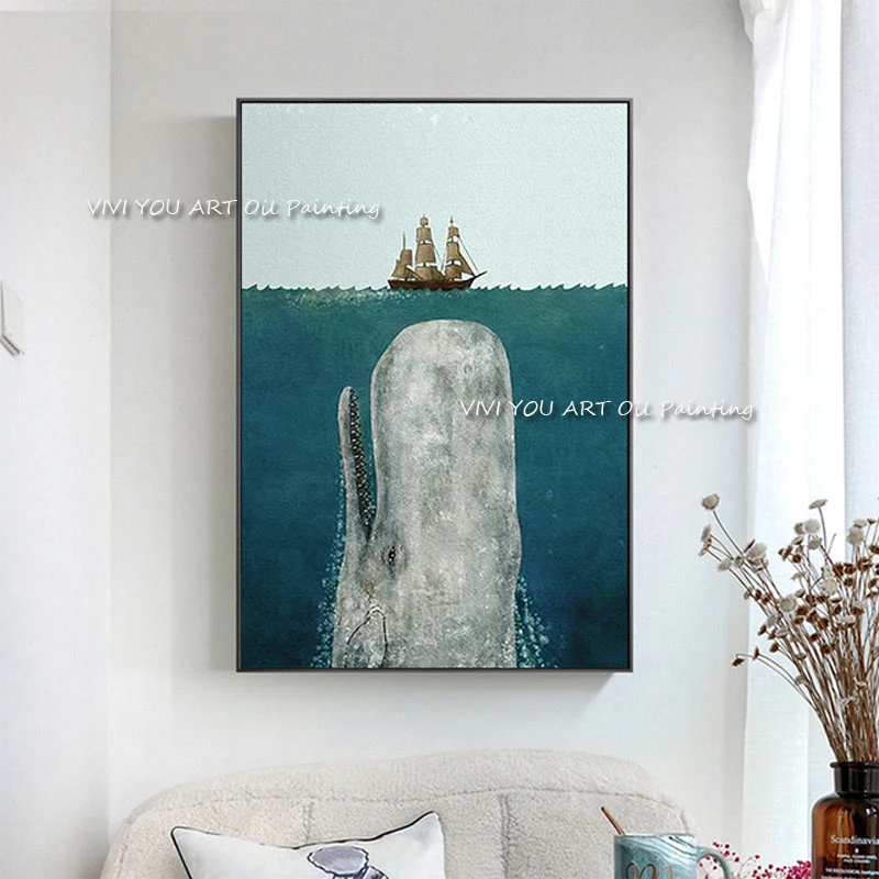 

Modern Wall Art Canvas Animal Ocean Fish Whale Sailboat Oil Painting Wall 100% Handmade Pictures for Living Room Decor Cuadros