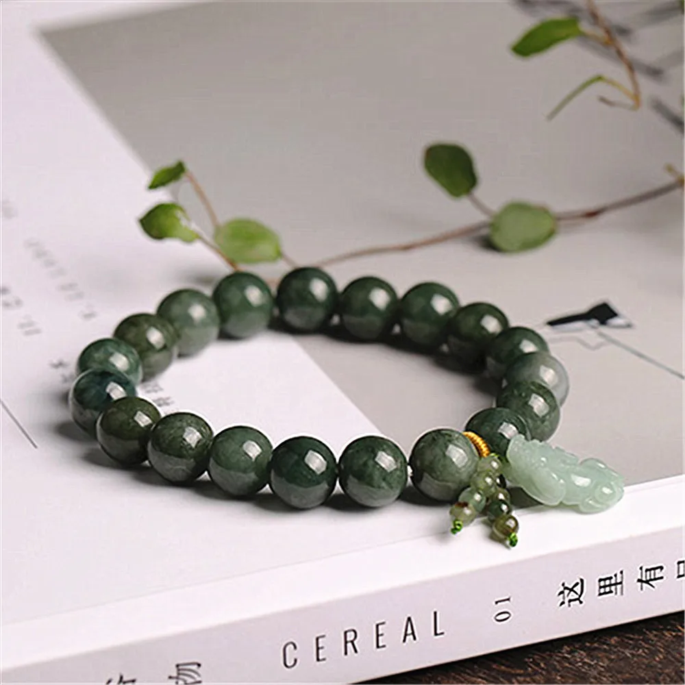 Natural Grade A Jade Jadeite Round Bead With Hand-Carved Pixiu Charm Link Bracelet Men and Women Adjustable Bangle Lucky Jewelry