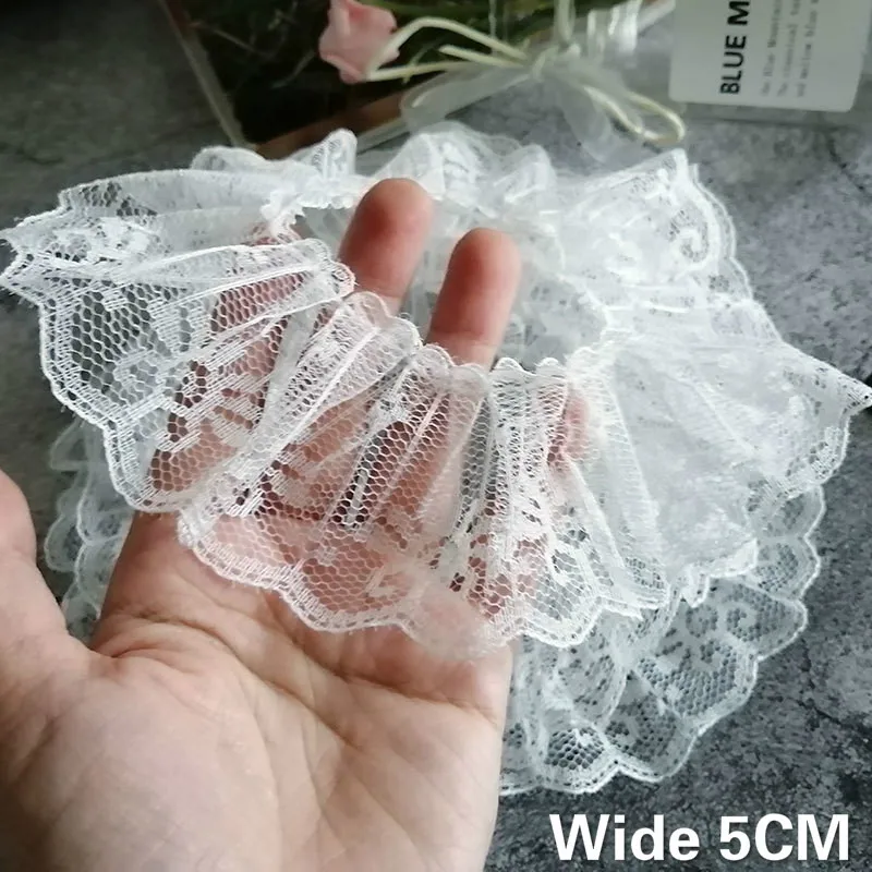 5CM Wide White Tulle Fabric 3D Pleated Lace Embroidered Flowers Mesh Ribbon Curtains Dolls Dress Ruffle Trim Sewing Fringe Decor