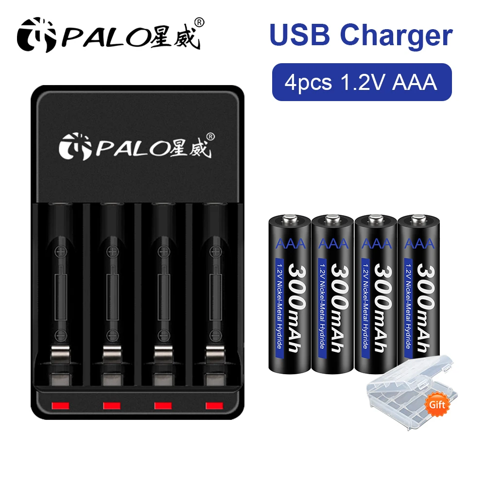 PALO 1.2v AAA 300mah Rechargeable Battery + LED Smart Charger for 1.2v Nimh Nicd AA AAA Rechargeable Battery