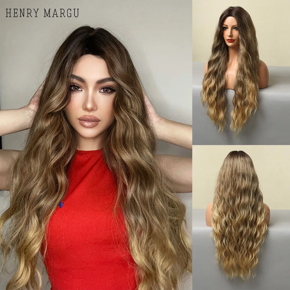 HENRY MARGU Long Wavy Brown Blonde Ombre Synthetic Wigs Natural Cosplay Hair Wigs for Black Women Middle Part Wig Heat Resistant