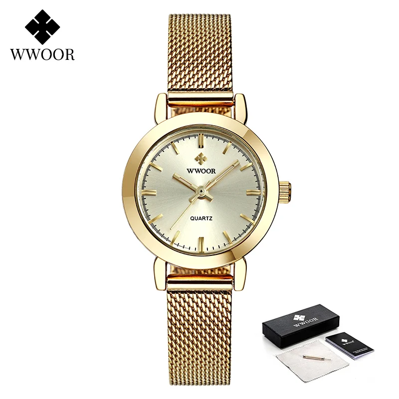 WWOOR-Montre-bracelet en maille d\'acier inoxydable pour femme, montres pour femme, montre habillée dorée, petite montre-bracelet, marque supérieure,