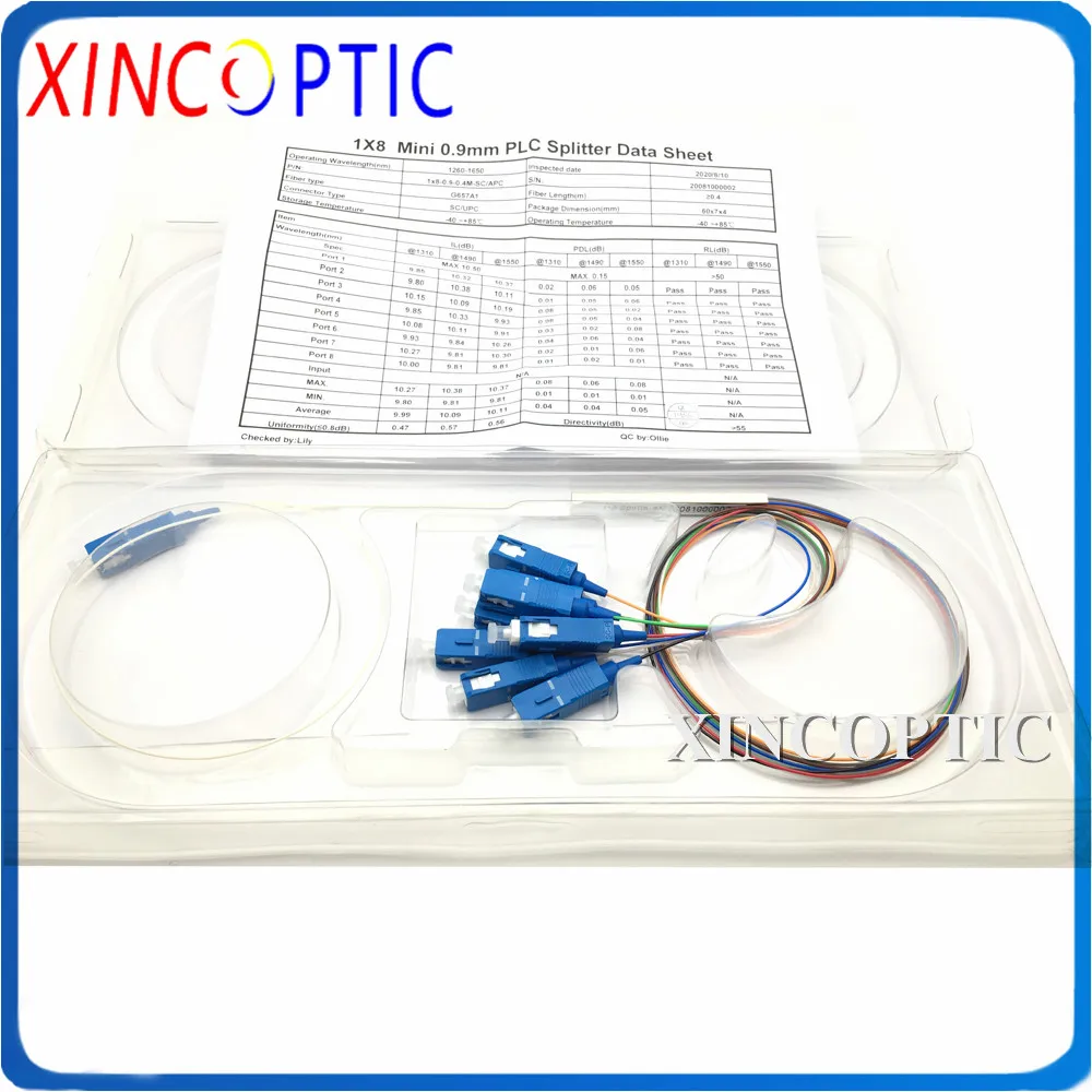 10pcs/Lot 1x8 PLC SC/UPC SM 0.9mm Steel Tube 1M FTTH Fiber Optic 1:8 Splitter FC ST LC APC Connector
