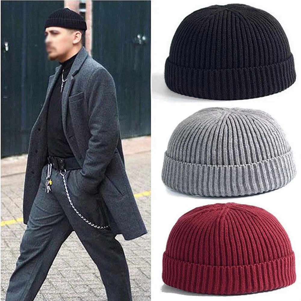 Winter Men Knitted Cuffed Short Melon Cap New Men Knitted Hat Beanie Skullcap Sailor Cap Cuff Brimless Retro Navy Style Hat