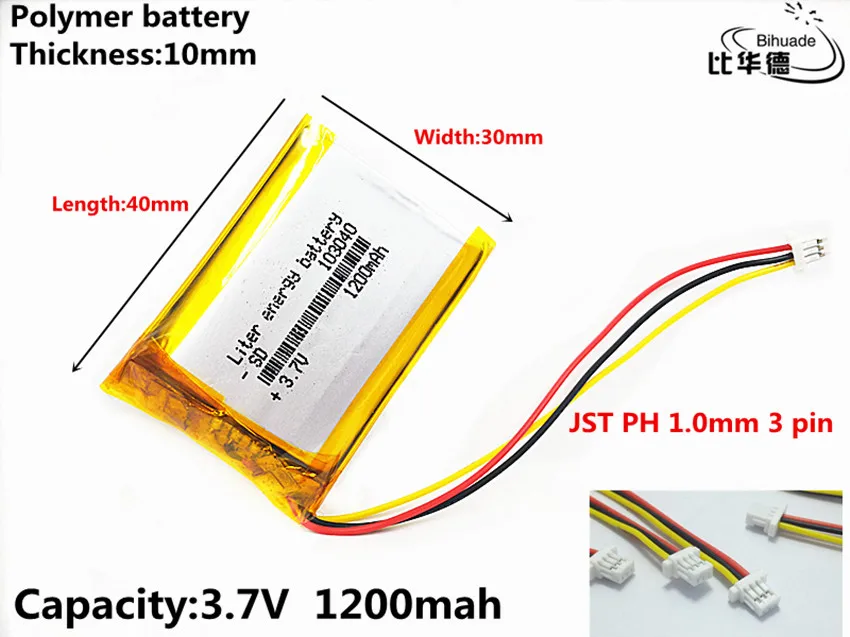 JST PH 1.0mm 3 pin litowa bateria energetyczna 3.7 V, 1200mAH 103040, polimerowa bateria litowo-jonowa/akumulator litowo-jonowy do tablet pc BANK,