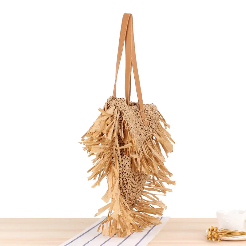 40x33CM The New Semi-circular Tassel Shoulder Straw Bag Sui Sui Paper Woven Bag Beach Bag Fashion Women a7259