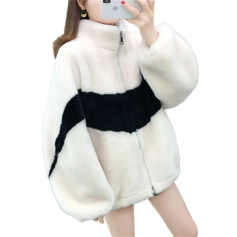 2024 New Plus  Thickened  Lamb Hair Particles Stand-Up Collar Sweatershirt Women Color Matching Imitate Rabbit Fur Coat Zipper