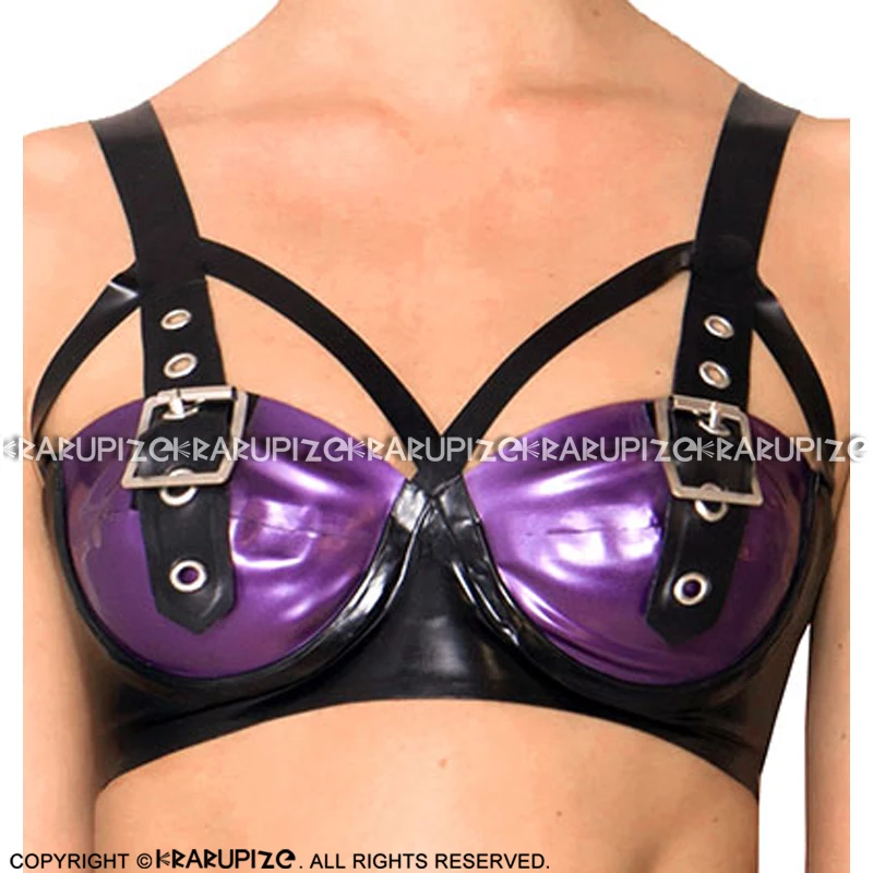 

Purple And Black Sexy Latex Bra With Belts Buckles At Front Buttons Back Rubber Lingerie Brassieres 0028