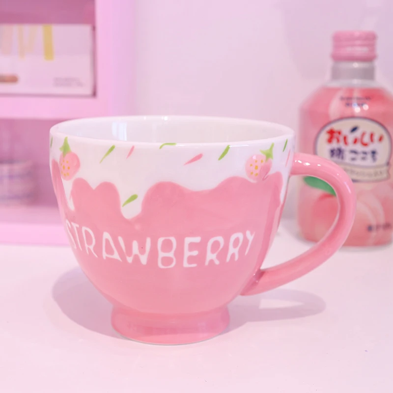 Kawaii Strawberry Milk Mug For Girl Personalised Creative Ceramic Oatmeal Yogurt Dessert Breakfast Mug Cute Coffee Tea Water Cup