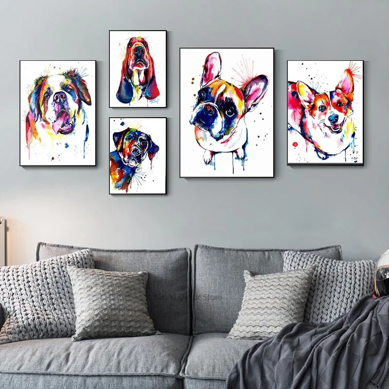 Colorful Animal Dog Canvas Painting French Bulldog Labrador St Bernard Poster Abstract Wall Art Prints Pictures Home Decor