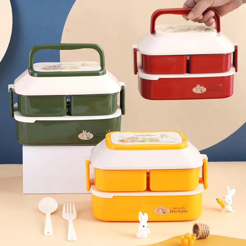 850ml Kids Food Storage Box Portable Lunchbox 2 Layer Microwave Bento Box Movable Fruit Container With Cutlery