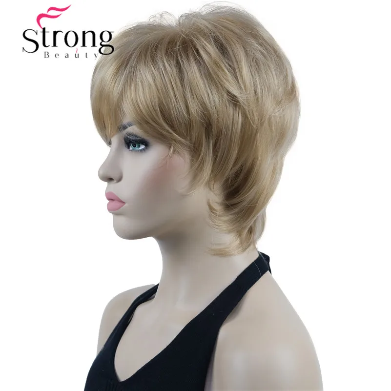 StrongBeauty peluca corta de capas rubia resaltada Shag gorra clásica peluca sintética completa pelucas de mujer opciones de color