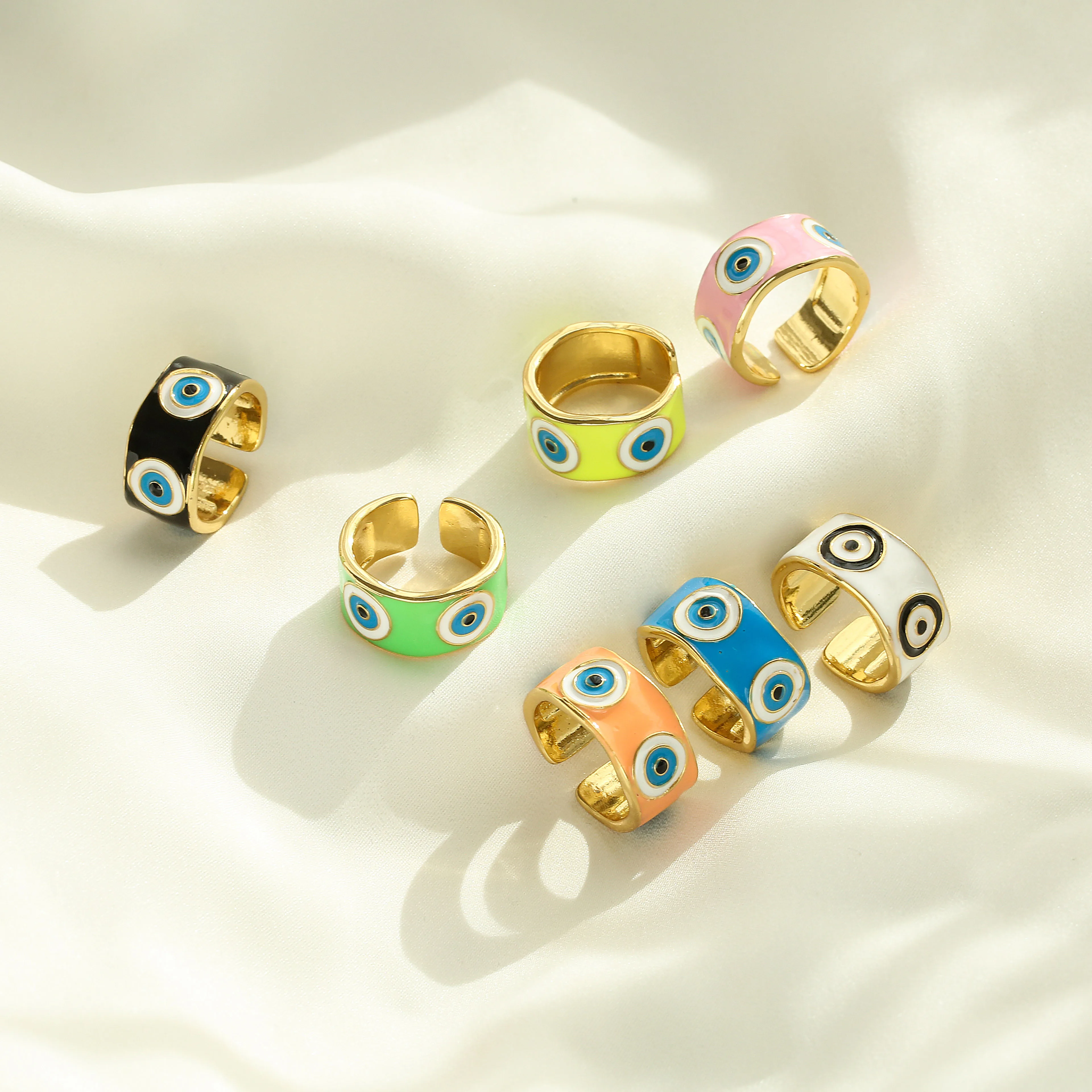 HECHENG,Brass 18K Gold Plated Ring,Big Evil Eyes Rings for Women Gils,Colorful Open Statement Enamel Rings,Wholesale