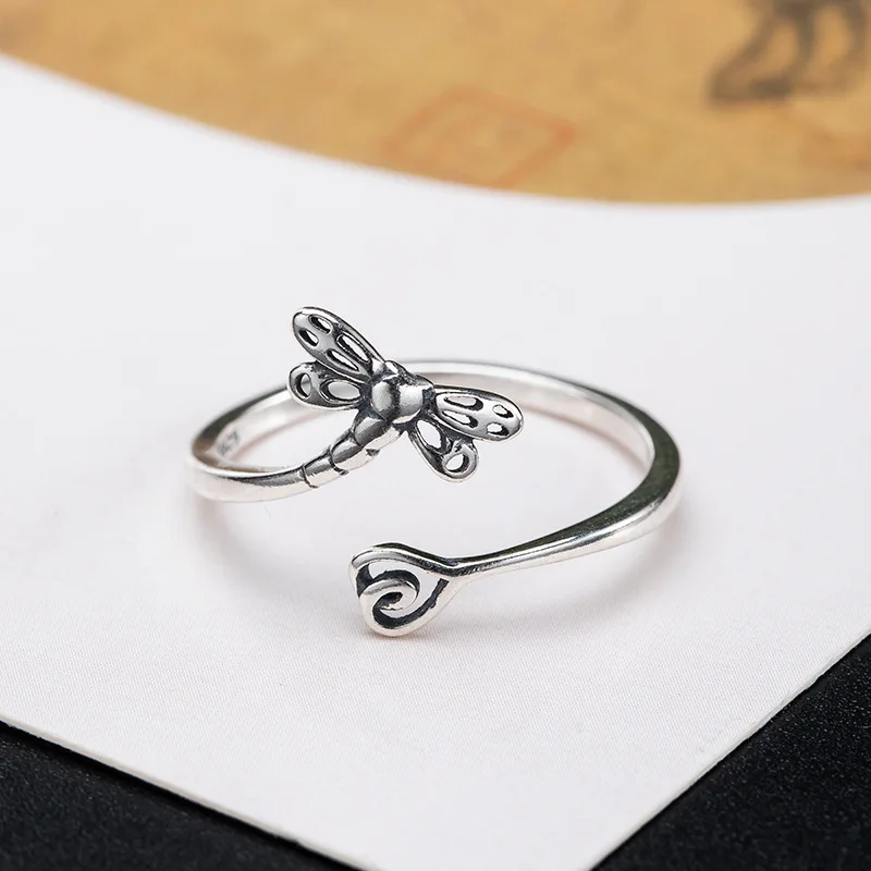 925 Thai Silver Woman Jewelry New Product Dragonfly Ring Female Vintage Punk Insect Opening Adjustable Special Gift