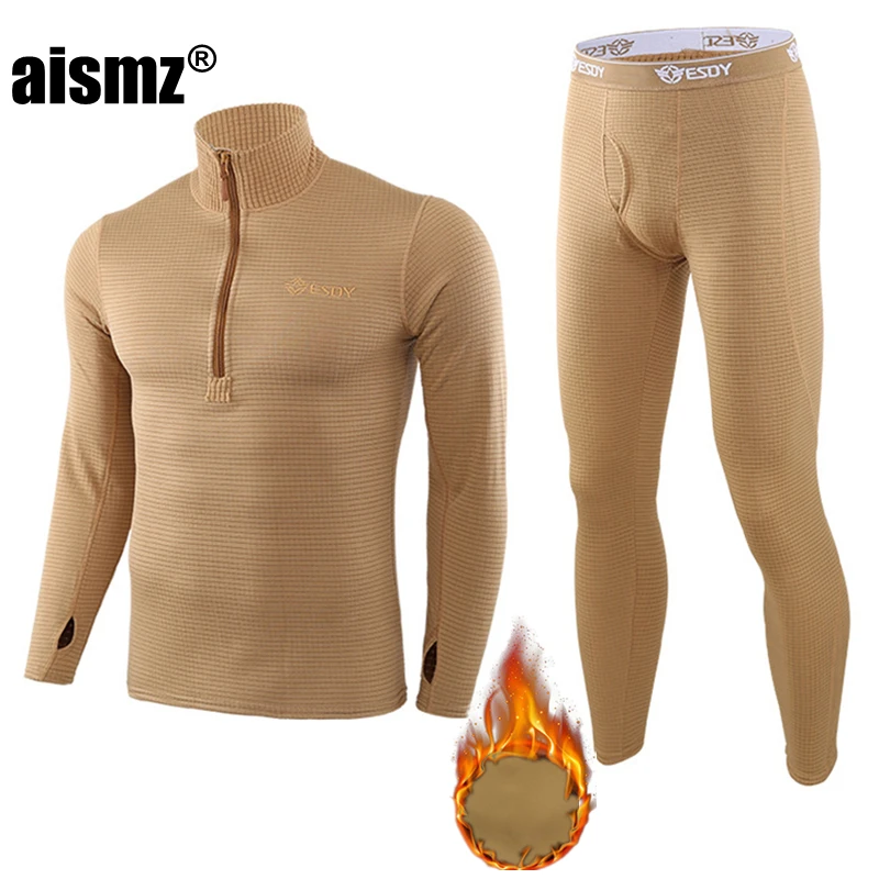 Aismz Thermal Underwear Sets Men Quick Drying Anti-microbial Stretch Thermo Compression Fleece Sweat Fitness Warm Long Johns