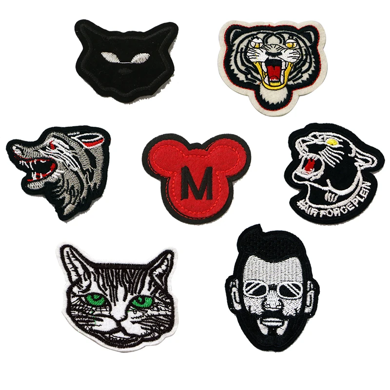 2pcs 3D Embroidery Sewing Patch Cat Tiger Mouse Man Wolf Leopard Head Ironing Heat Transfer Stripe Badge Clothes Cap DIY