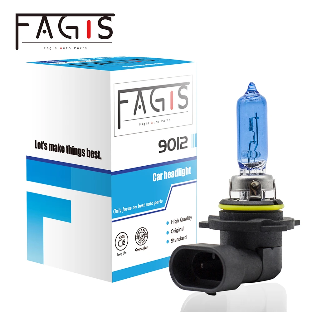 Fagis 2 Pcs 9012 Hir2 Super White 12v 55w Blue Car Headlight 6000K Auto Halogen Bulb Clear Quartz Glass Car Lights