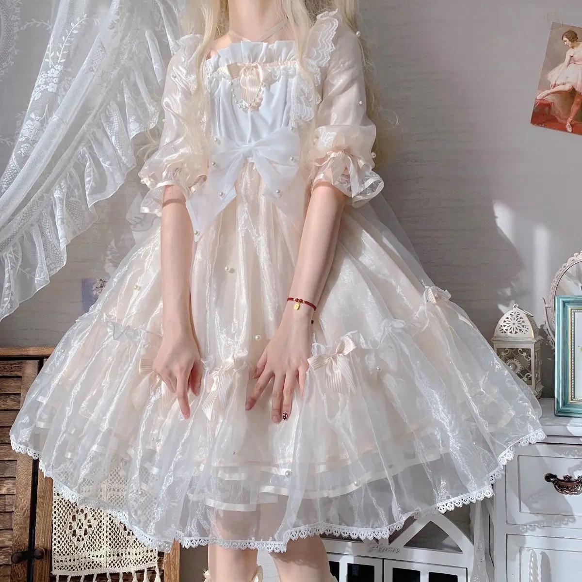 Zoete Victoriaanse Party Lolita Jurk Victoriaanse Parel Vintage Boog Ruches Bruiloft Kawaii Prinses Jurken Elegante Roze Lolita Jurk