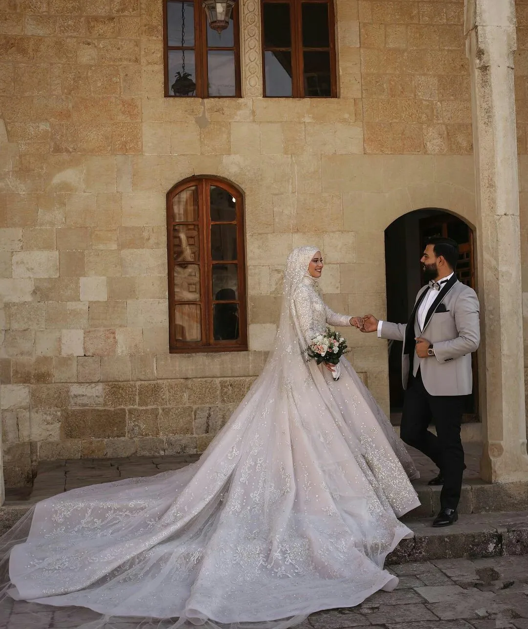 Robe de mariée de ligne A, en dentelle, paillettes, manches longues, rétro, avec Hijab