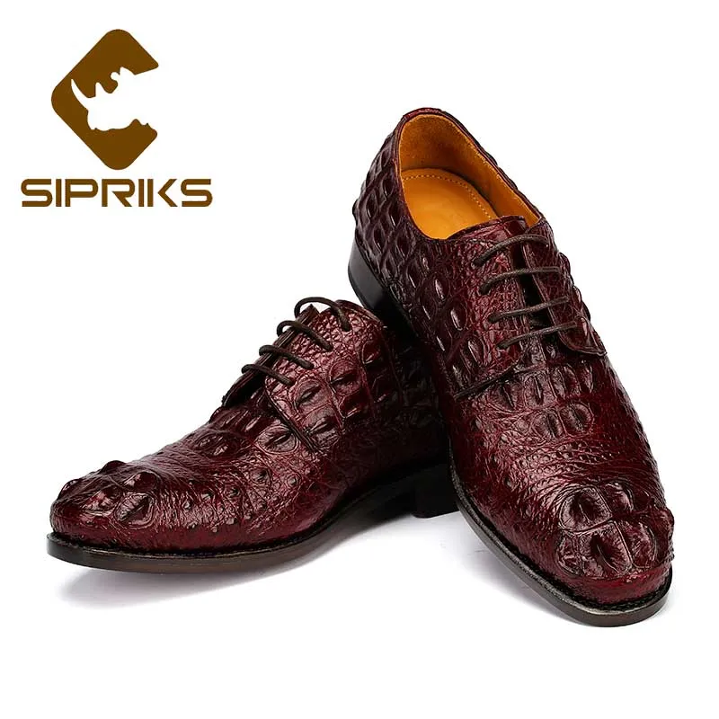 Sipriks Mens Crocodile Skin Leather Shoes Burgundy Lacing Derby Dress Shoes Dark Brown Outdoor Footwear Leather Outsole Shoes 45