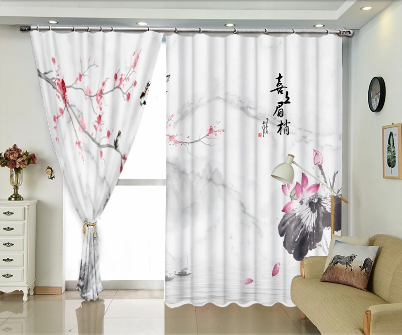 White Curtain Plum Blossom Print Blackout 3D Window Curtain Living Room Wedding Drapes Customized Pillowcase