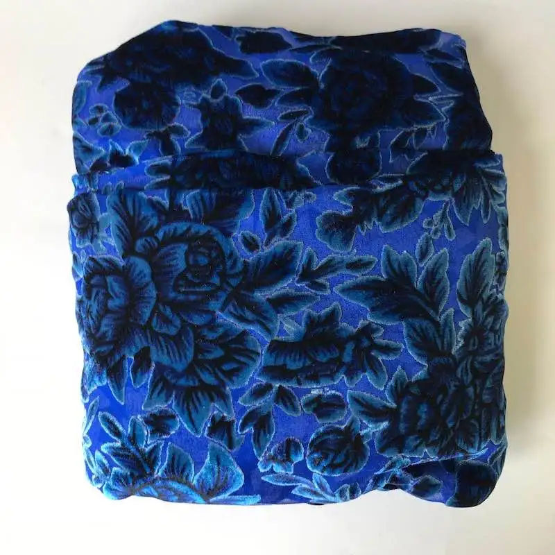 Blue Burnt Out Really Velvet Silk Fabric Clothing Cheongsam Dress Cloth Material Telas Tecido Tecidos