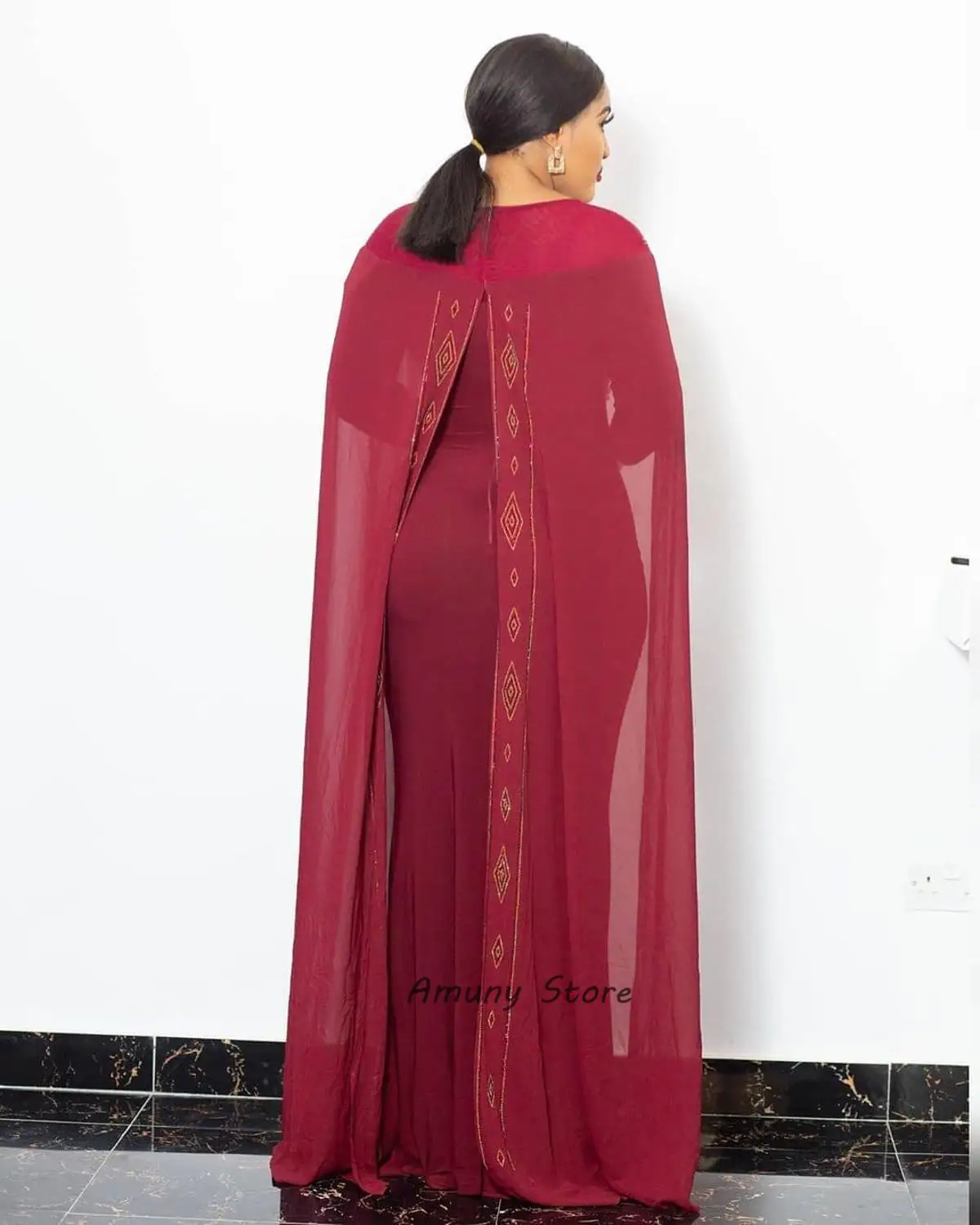 African Woman Dress Hot Fix Rhinestone Beading Cloak Decoration Chiffon Polyester Plus Size Stretch Fishtail Long Dress