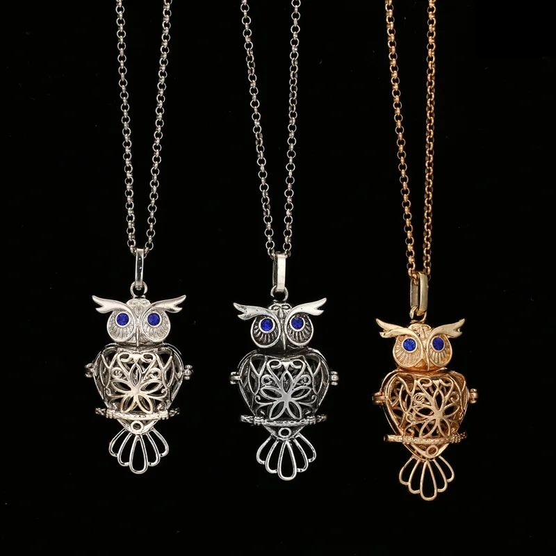 New Blue Zircon Owl Hollow Aromatherapy Locket Necklace Exquisite 16MM Piano Paint Music Ball Jewelry Women Pendant Accessories