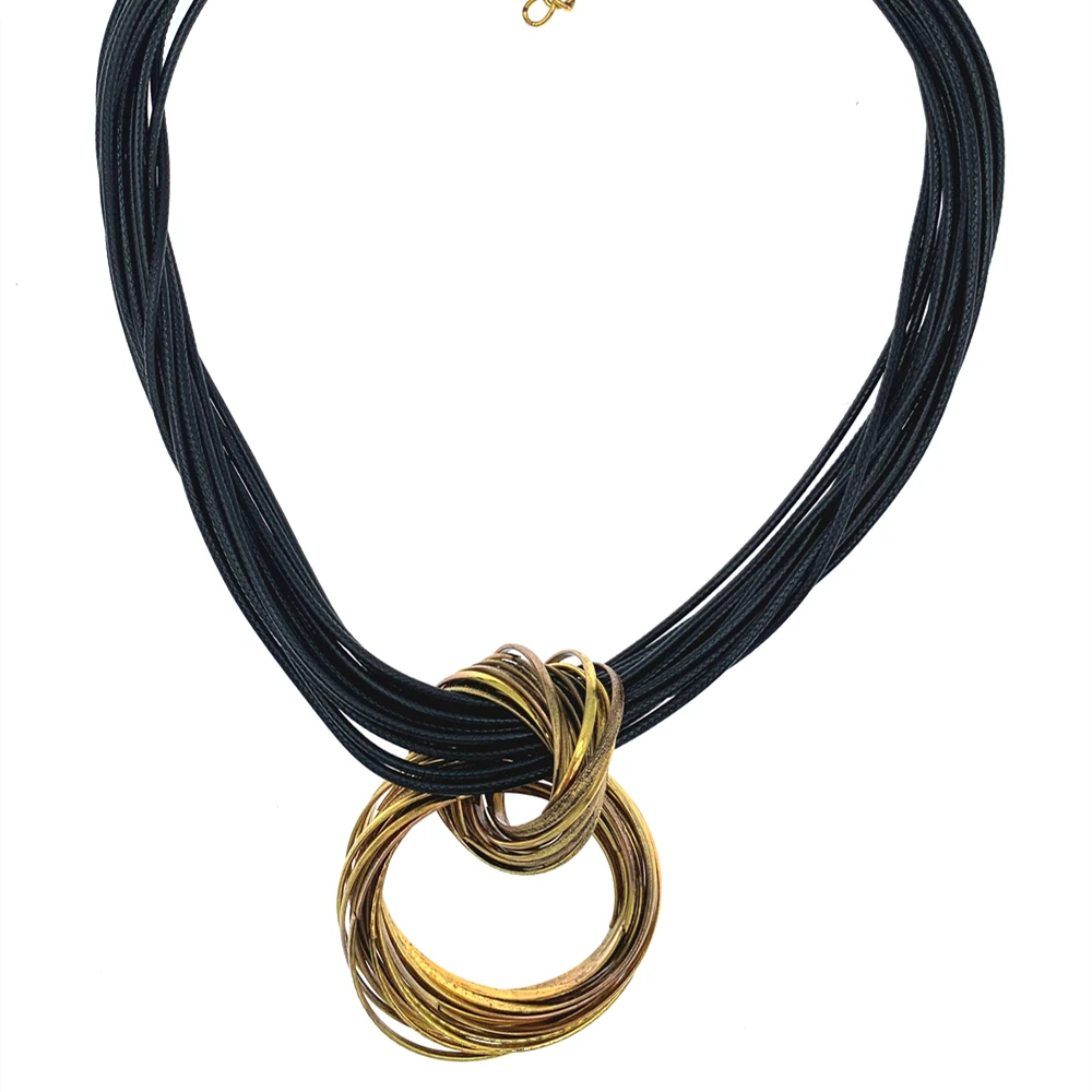 Matte Antique Gold Rose Gold Plated Loops Pendant Short Necklace With Black Wax Cords For Women and Girls Gifts 18 Inch