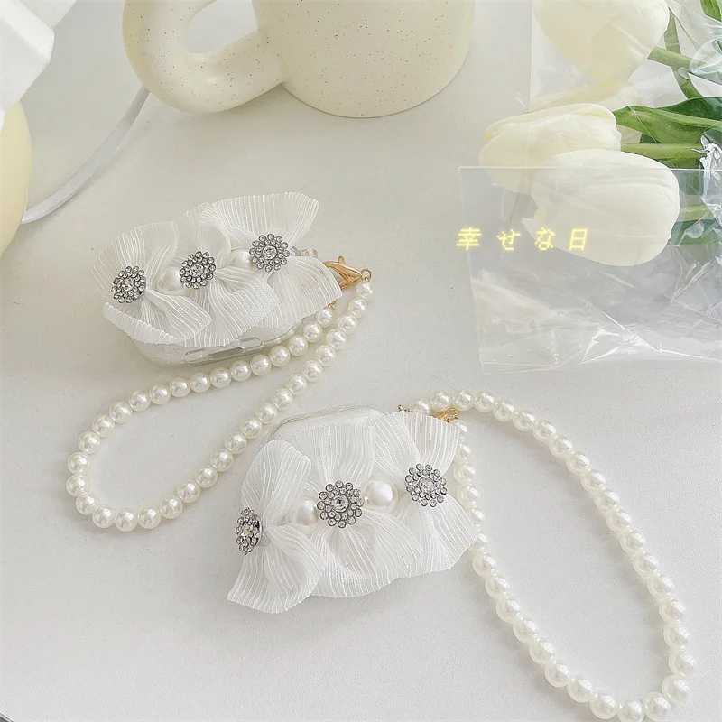 Luxury Girlish Style Diamond Lace Pearl Bracelet Earphone Case For Airpods 1 2 Bluetooth Headset Protective Cover Fo Airpods Pro