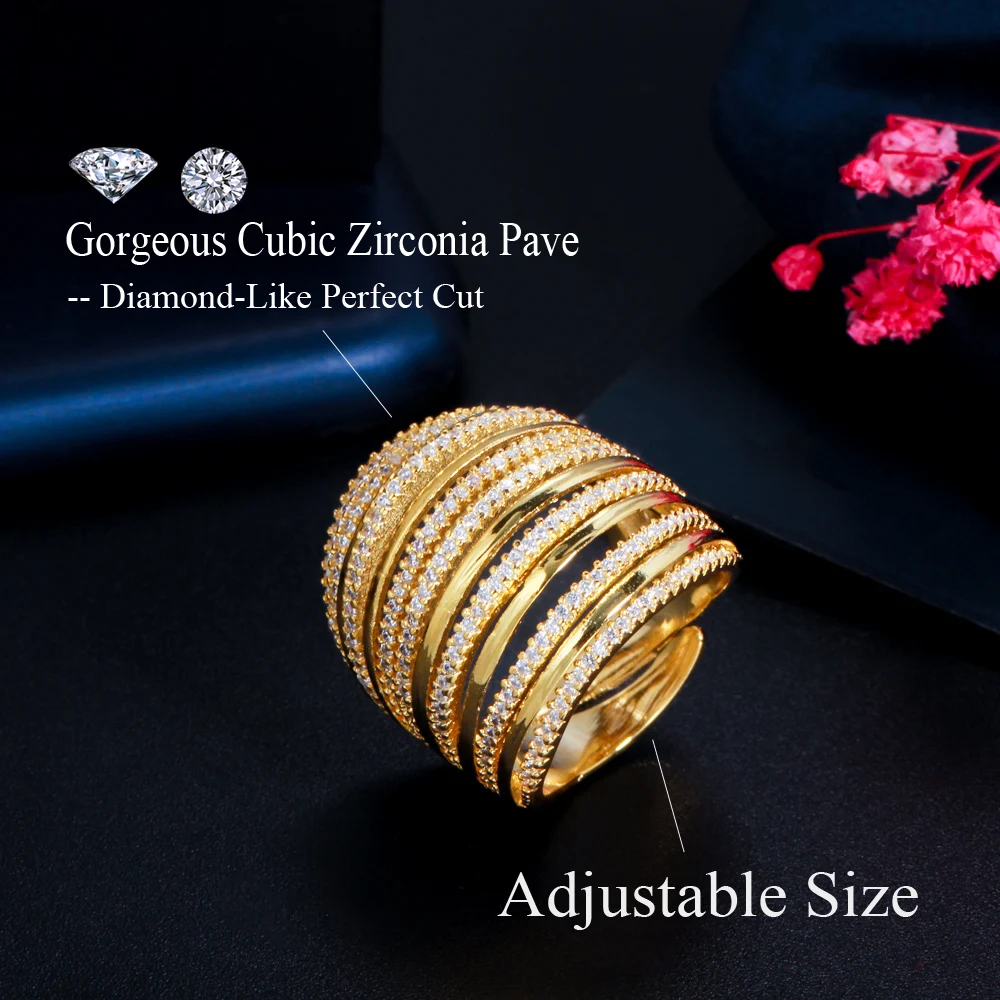 CWWZircons Luxury Gold Color Adjustable Multi Layer Cubic Zirconia Big Wide CZ Rings for Women Wedding Prom Party Jewelry J0160