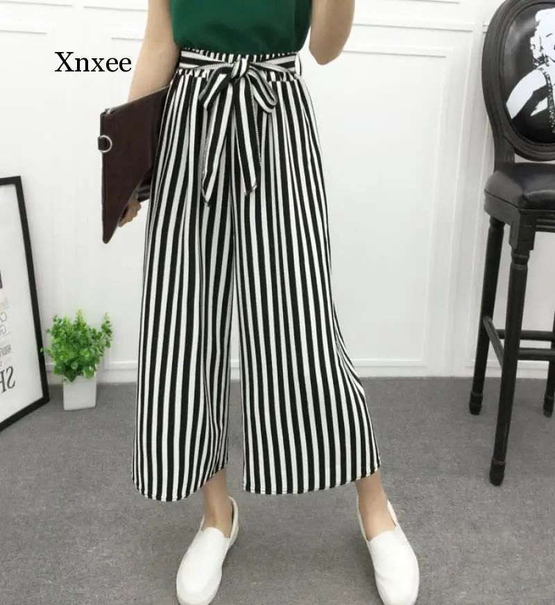 Women's Fashion Wide Leg Long Casual Summer Flare High Waist Elastic Waist Striped Loose Culotte Trousers Cropped Pants Clothing