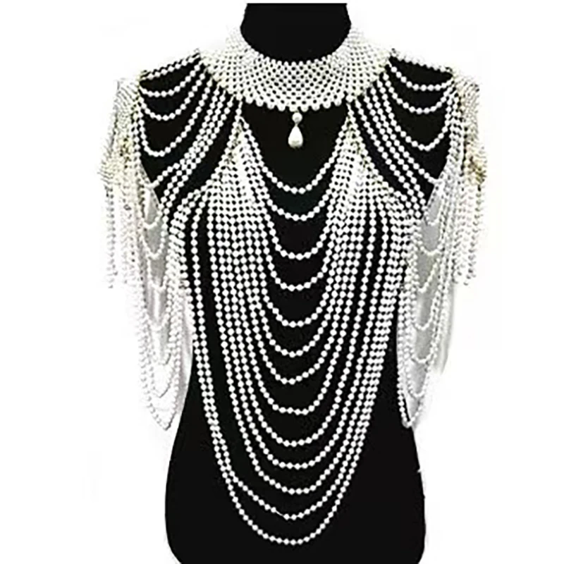 Fashion Tassel Design Handmade Pearl shoulder Chain Big Size Necklace Pearl-Body-Chain for Women Jewelry Wedding Dress Accessor