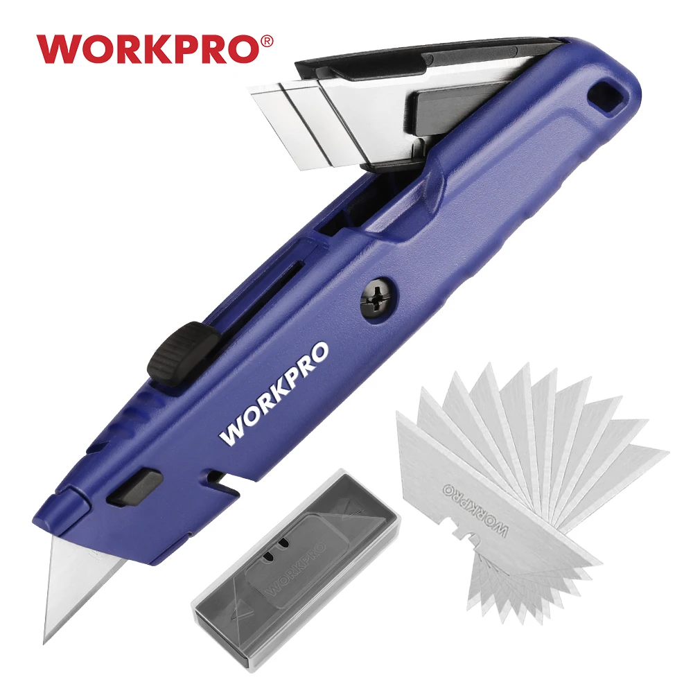 Coltello multiuso a cambio rapido WORKPRO con taglierina a scatola retrattile blu di stoccaggio 10 pezzi SK5 lame Extra incluse