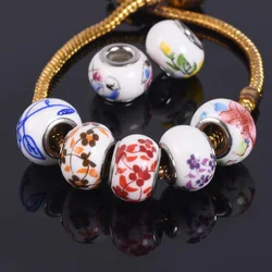 10pcs 12x9mm Flower Patterns Round Ceramic Porcelain European Charms Loose Big Hole Beads Lot for DIY Bracelet Jewelry Making